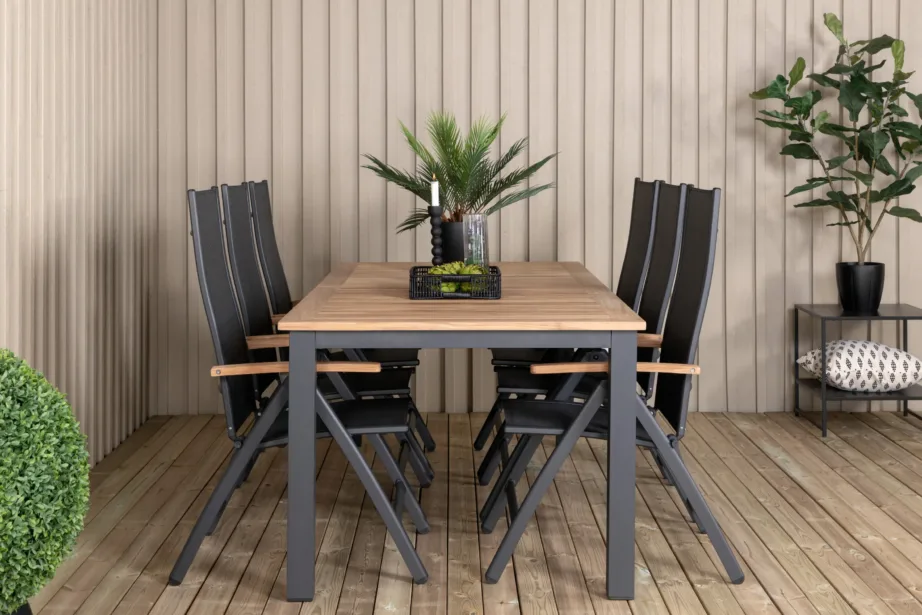 Pikendatav tiigipuust aiamööblikomplekt Panama (must alumiinium, kokkupandavad toolid), GR21748 – 6