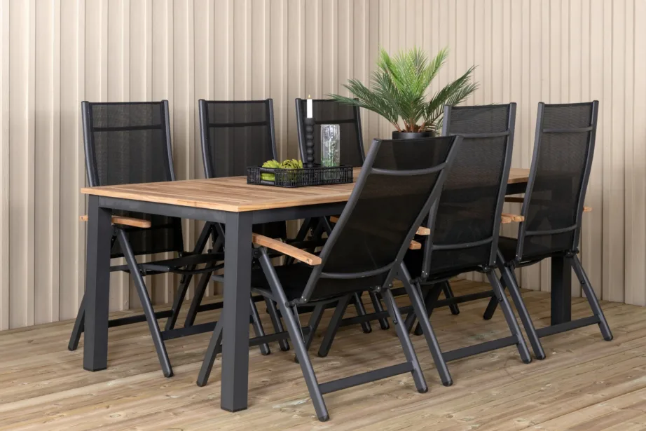 Pikendatav tiigipuust aiamööblikomplekt Panama (must alumiinium, kokkupandavad toolid), GR21748 – 8