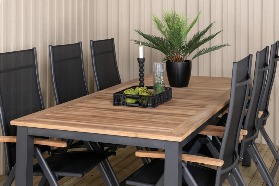 Pikendatav tiigipuust aiamööblikomplekt Panama (must alumiinium, kokkupandavad toolid), GR21748 – 9