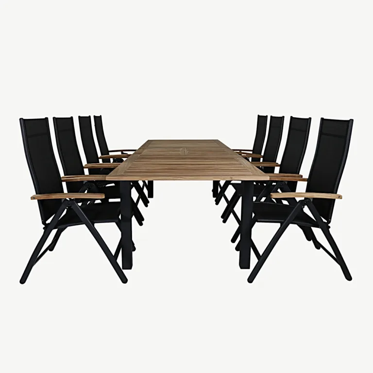 Pikendatav tiigipuust aialaua komplekt Panama musta alumiiniumraami ja kokkupandavate toolidega (220–324x100 cm) - GR21749