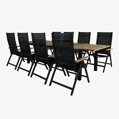 Pikendatav tiigipuust aialaua komplekt Panama musta alumiiniumraami ja kokkupandavate toolidega (220–324x100 cm) - GR21749