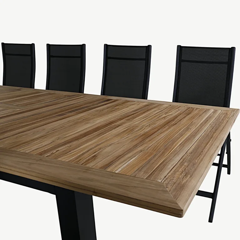 Pikendatav tiigipuust aialaua komplekt Panama musta alumiiniumraami ja kokkupandavate toolidega (220–324x100 cm) - GR21749