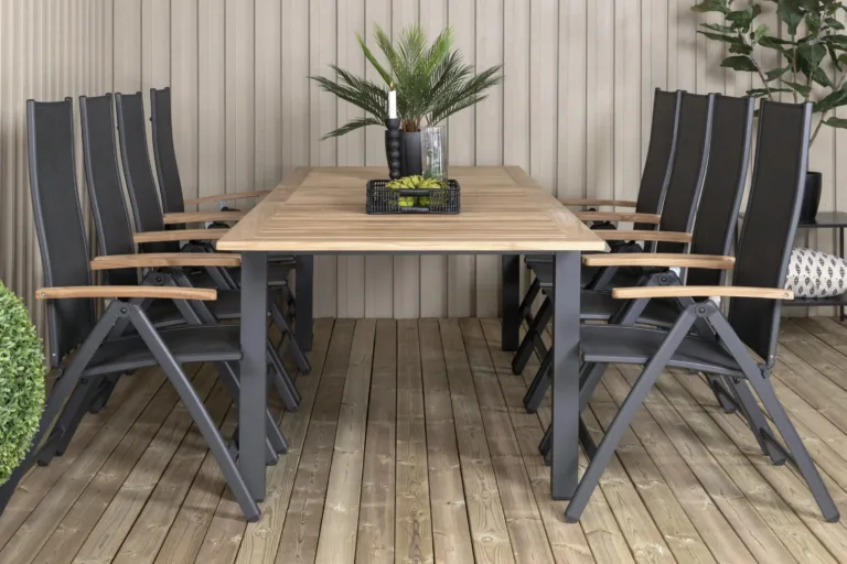 Pikendatav tiigipuust aialaua komplekt Panama musta alumiiniumraami ja kokkupandavate toolidega (220–324x100 cm) - GR21749
