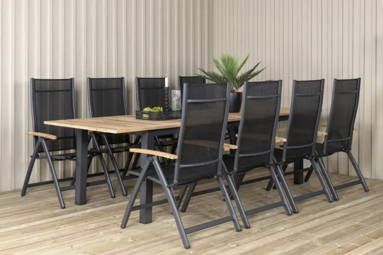 Pikendatav tiigipuust aialaua komplekt Panama musta alumiiniumraami ja kokkupandavate toolidega (220–324x100 cm) - GR21749