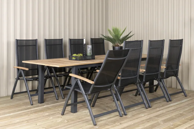 Pikendatav tiigipuust aialaua komplekt Panama musta alumiiniumraami ja kokkupandavate toolidega (220–324x100 cm) - GR21749