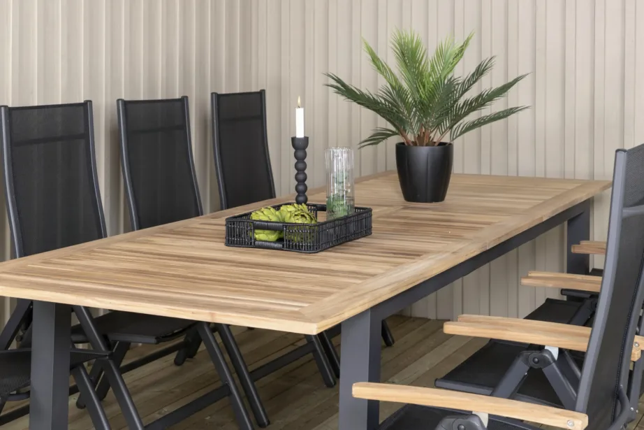 Pikendatav tiigipuust aialaua komplekt Panama musta alumiiniumraami ja kokkupandavate toolidega (220–324×100 cm), GR21749 – 9