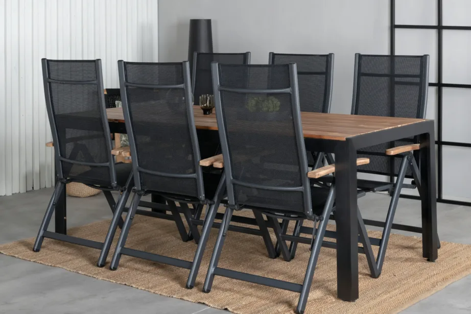 Bois ristkülikukujuline akaatsiapuidust aiamööblikomplekt – laud ja reguleeritavad mustad toolid, GR21980 – 7