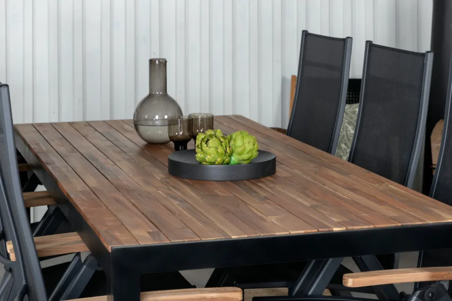 Bois ristkülikukujuline akaatsiapuidust aiamööblikomplekt – laud ja reguleeritavad mustad toolid, GR21980 – 9