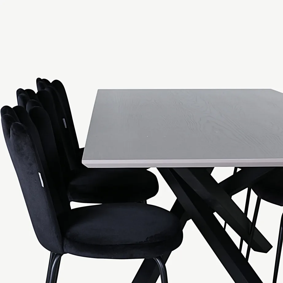 Piazza ristkülikukujuline söögilauakomplekt musta raamiga ja Limhamn velvetist toolid, GR22264 – 4