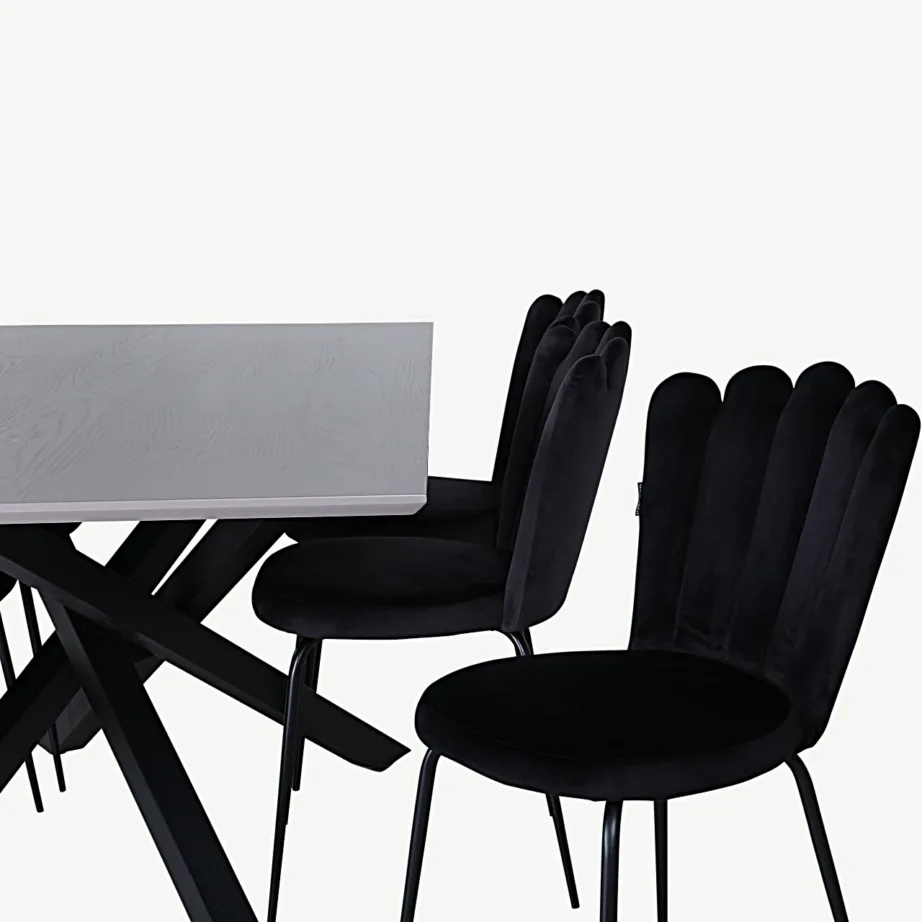 Piazza ristkülikukujuline söögilauakomplekt musta raamiga ja Limhamn velvetist toolid, GR22264 – 5