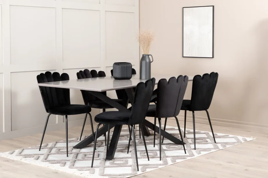 Piazza ristkülikukujuline söögilauakomplekt musta raamiga ja Limhamn velvetist toolid, GR22264 – 7