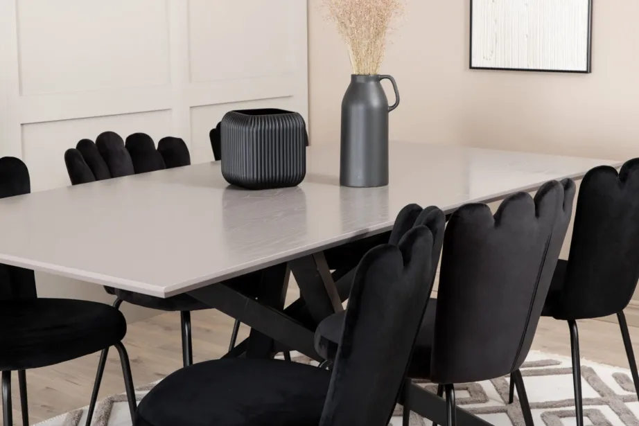 Piazza ristkülikukujuline söögilauakomplekt musta raamiga ja Limhamn velvetist toolid, GR22264 – 8