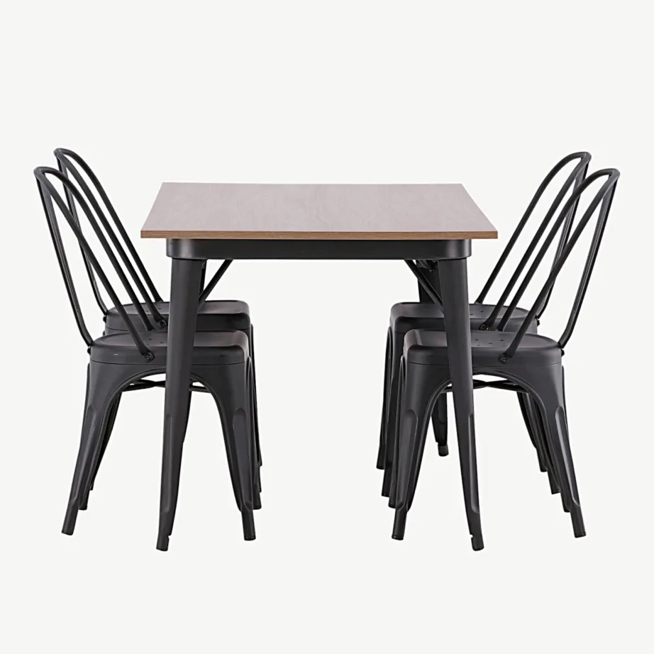 Pähklitooni MDF-lauaplaadiga söögitoakomplekt Tempe, musta metallraamiga (1 laud ja 4 tooli), GR22992 – 2