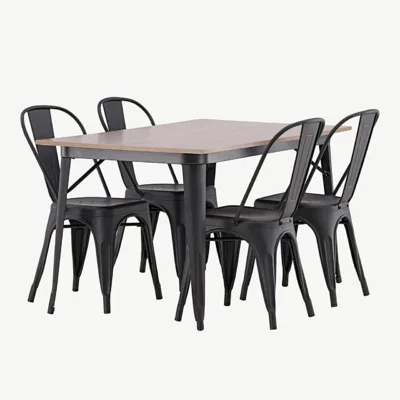 Pähklitooni MDF-lauaplaadiga söögitoakomplekt Tempe, musta metallraamiga (1 laud ja 4 tooli) - GR22992