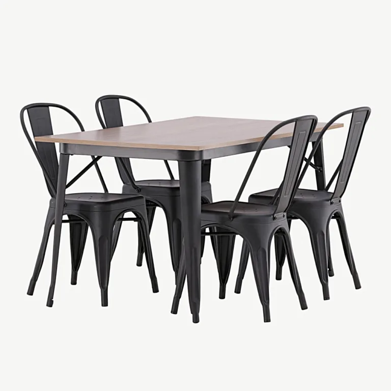 Pähklitooni MDF-lauaplaadiga söögitoakomplekt Tempe, musta metallraamiga (1 laud ja 4 tooli) - GR22992