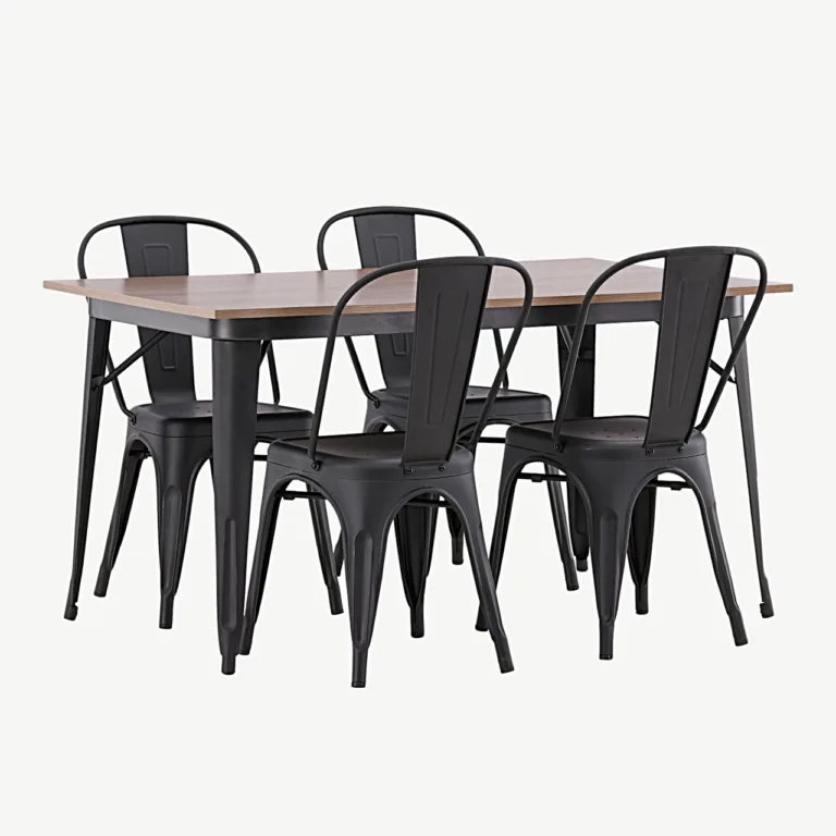 Pähklitooni MDF-lauaplaadiga söögitoakomplekt Tempe, musta metallraamiga (1 laud ja 4 tooli) - GR22992