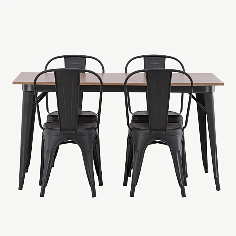 Pähklitooni MDF-lauaplaadiga söögitoakomplekt Tempe, musta metallraamiga (1 laud ja 4 tooli) - GR22992