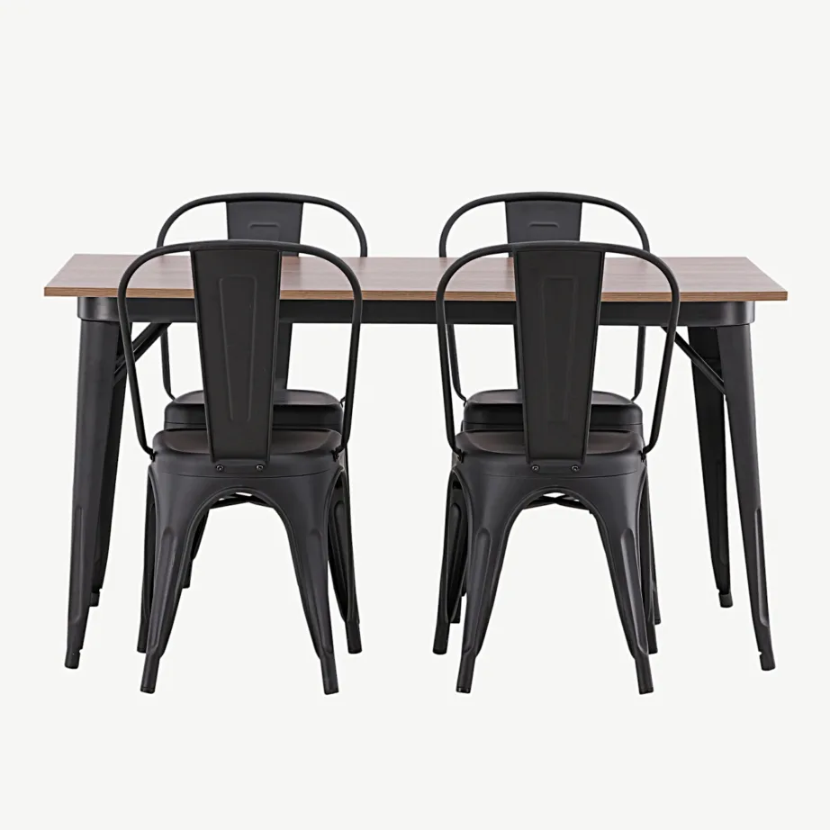 Pähklitooni MDF-lauaplaadiga söögitoakomplekt Tempe, musta metallraamiga (1 laud ja 4 tooli), GR22992 – 4