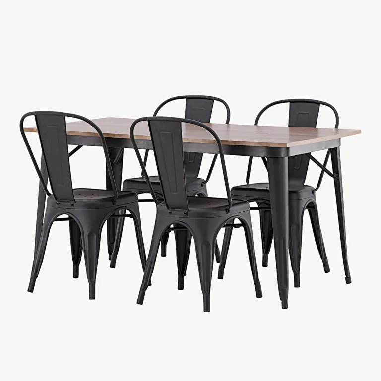 Pähklitooni MDF-lauaplaadiga söögitoakomplekt Tempe, musta metallraamiga (1 laud ja 4 tooli) - GR22992