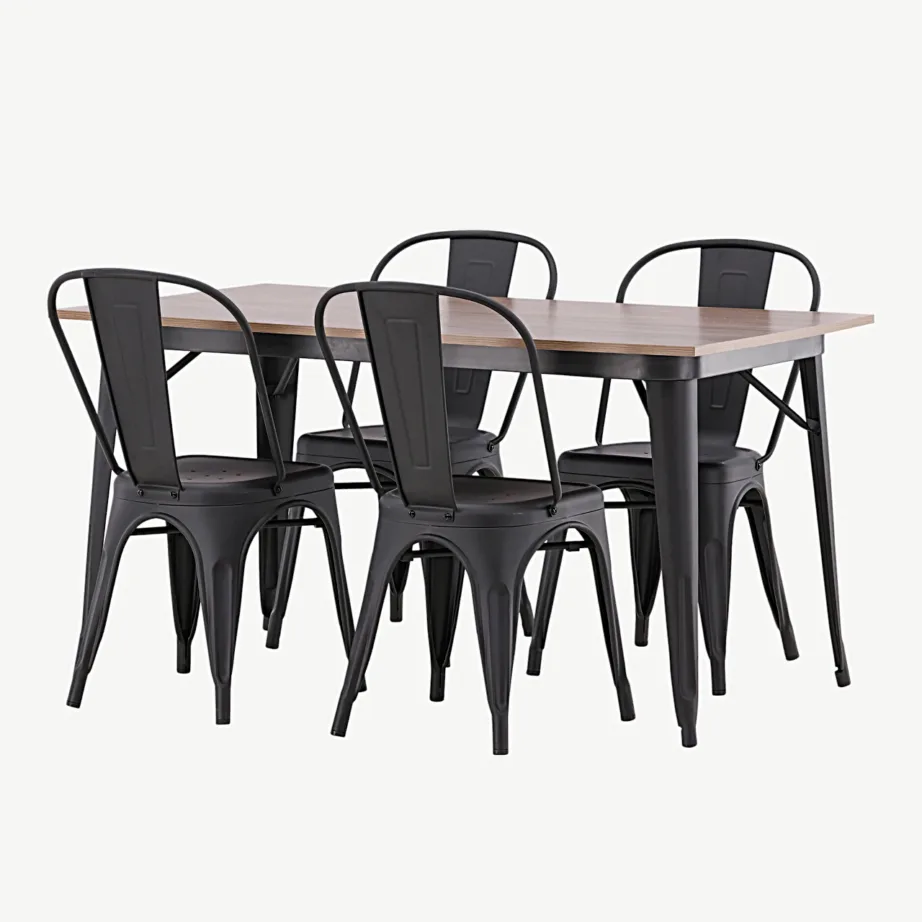 Pähklitooni MDF-lauaplaadiga söögitoakomplekt Tempe, musta metallraamiga (1 laud ja 4 tooli), GR22992 – 5