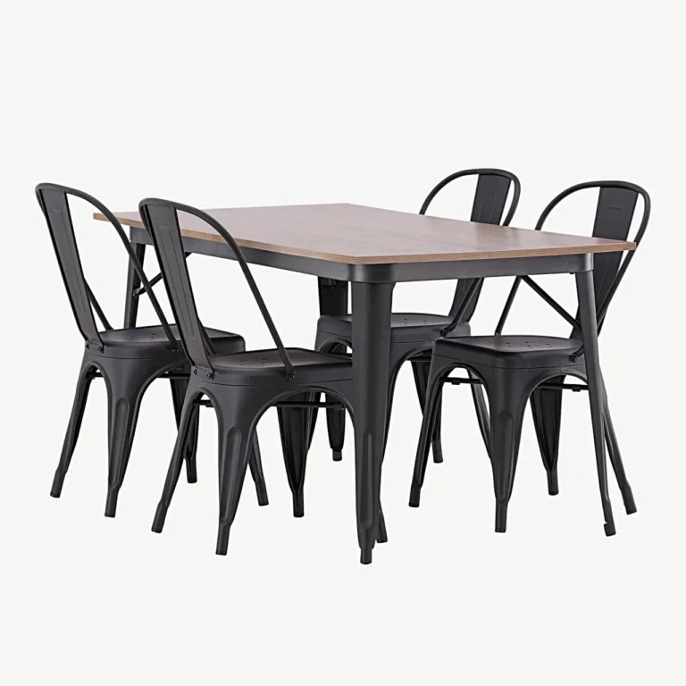 Pähklitooni MDF-lauaplaadiga söögitoakomplekt Tempe, musta metallraamiga (1 laud ja 4 tooli) - GR22992