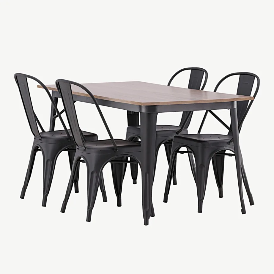 Pähklitooni MDF-lauaplaadiga söögitoakomplekt Tempe, musta metallraamiga (1 laud ja 4 tooli), GR22992 – 6