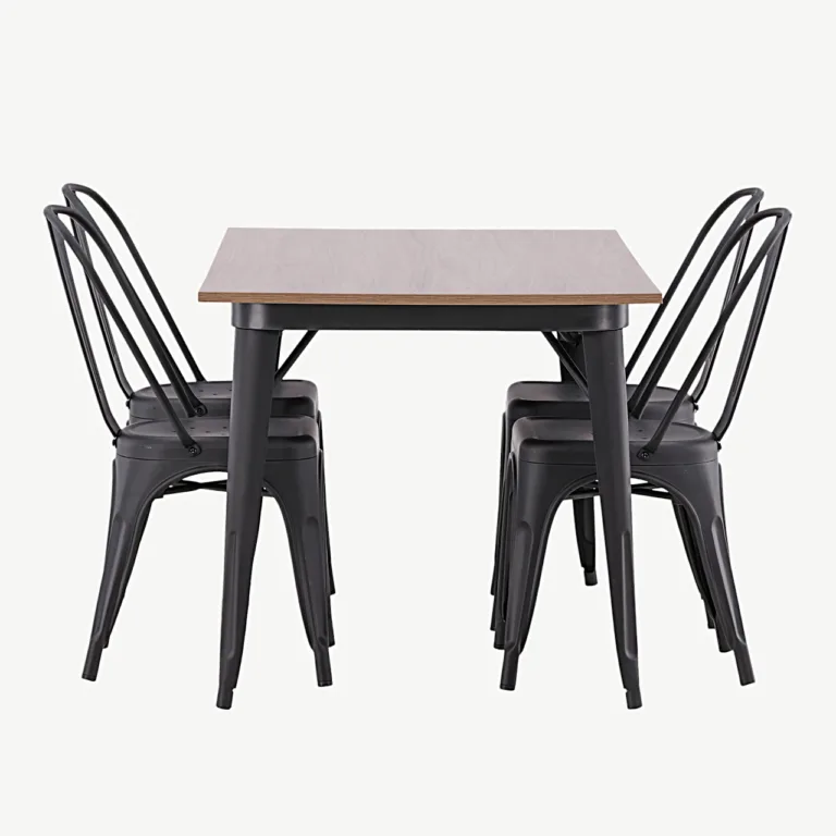 Pähklitooni MDF-lauaplaadiga söögitoakomplekt Tempe, musta metallraamiga (1 laud ja 4 tooli) - GR22992