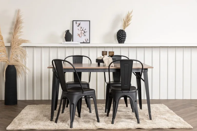 Pähklitooni MDF-lauaplaadiga söögitoakomplekt Tempe, musta metallraamiga (1 laud ja 4 tooli) - GR22992