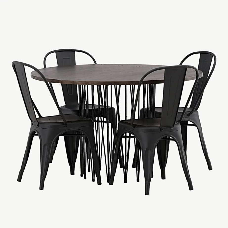 Ümmargune söögikomplekt Stone (mokkavineer, must terasjalg) ja mustad Tempe terastoolid, GR23033 – 6