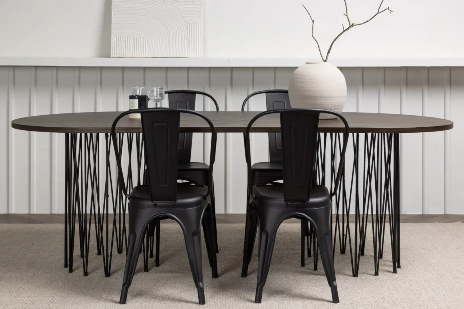 Ovaalne söögilauakomplekt Stone mokkavärvi MDF-lauaplaadi ja mustade metallist Tempe toolidega, GR23048 – 8