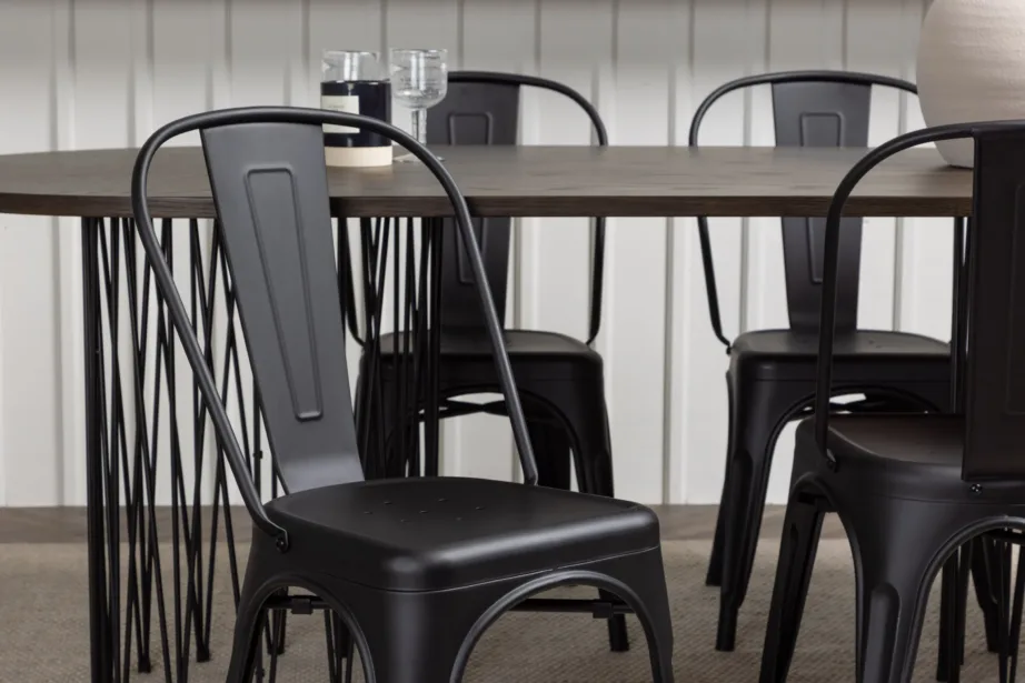 Ovaalne söögilauakomplekt Stone mokkavärvi MDF-lauaplaadi ja mustade metallist Tempe toolidega, GR23048 – 10