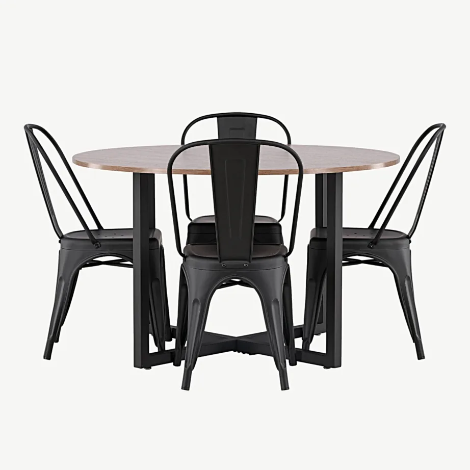 Ümmarguse söögilauakomplektiga Durango pähkel (MDF) ja mustast metallist Tempe toolid, GR23164 – 2