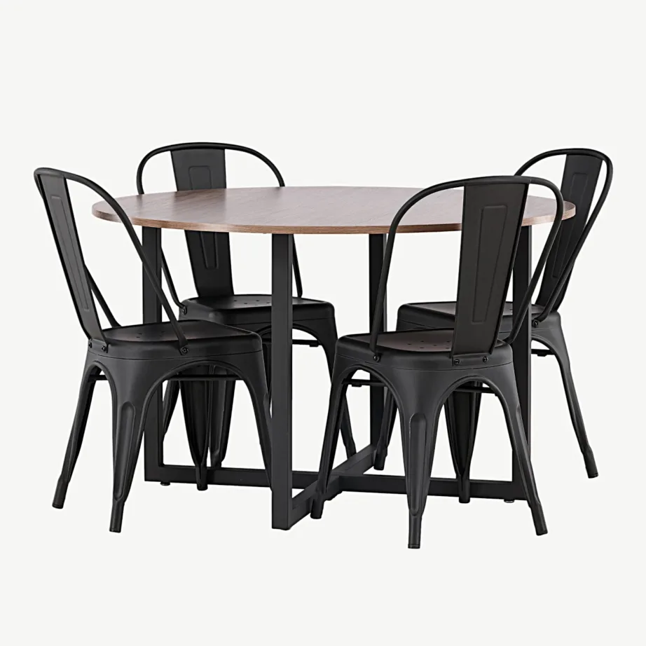 Ümmarguse söögilauakomplektiga Durango pähkel (MDF) ja mustast metallist Tempe toolid, GR23164 – 3