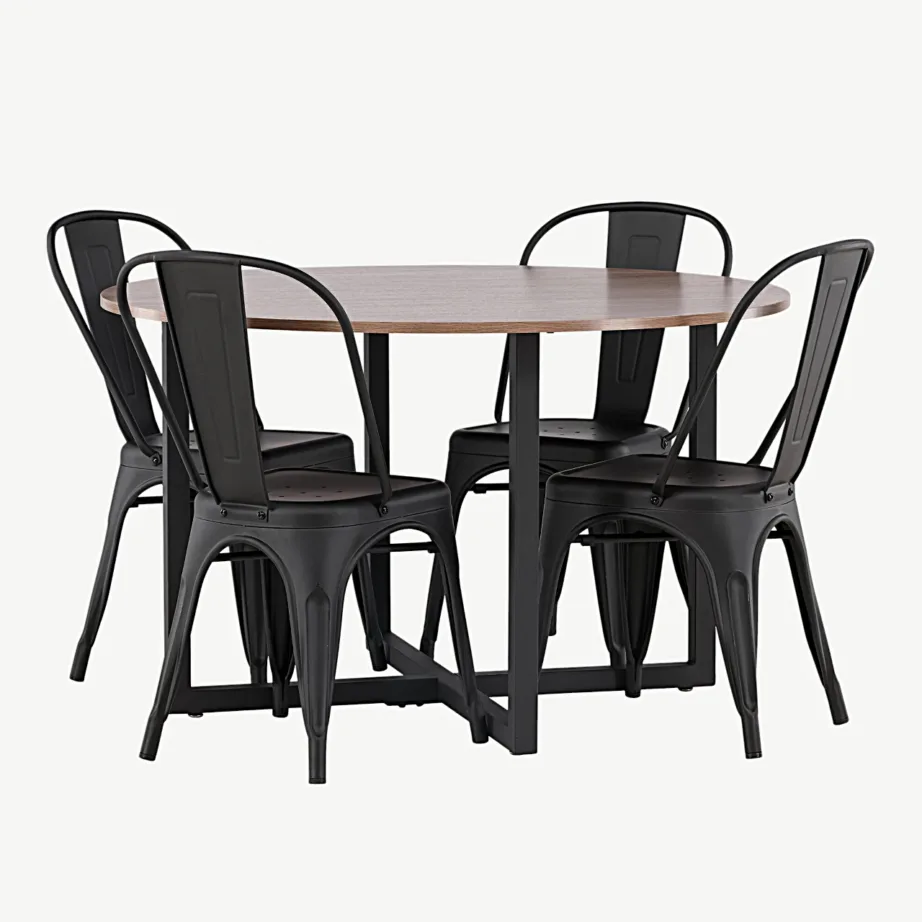 Ümmarguse söögilauakomplektiga Durango pähkel (MDF) ja mustast metallist Tempe toolid, GR23164 – 5