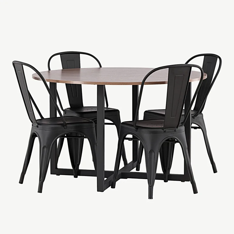 Ümmarguse söögilauakomplektiga Durango pähkel (MDF) ja mustast metallist Tempe toolid, GR23164 – 6