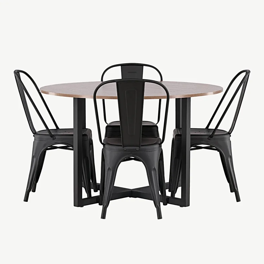 Ümmarguse söögilauakomplektiga Durango pähkel (MDF) ja mustast metallist Tempe toolid, GR23164 – 7