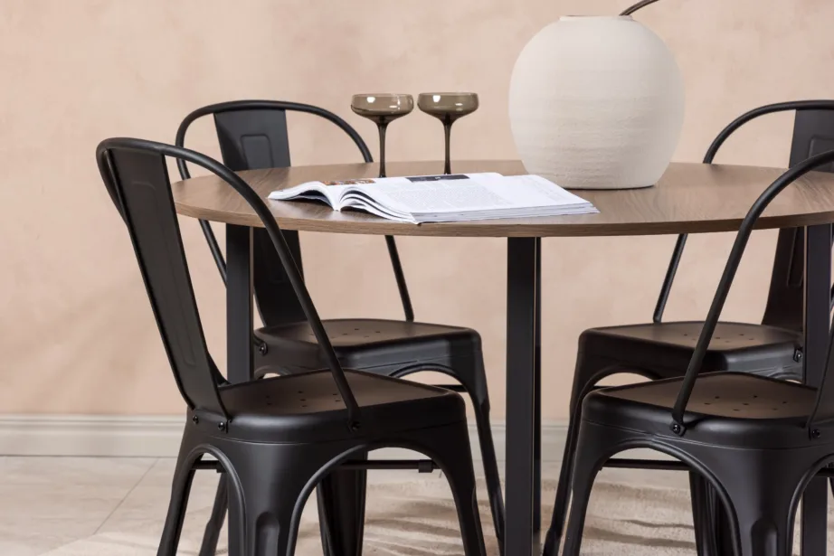 Ümmarguse söögilauakomplektiga Durango pähkel (MDF) ja mustast metallist Tempe toolid, GR23164 – 9