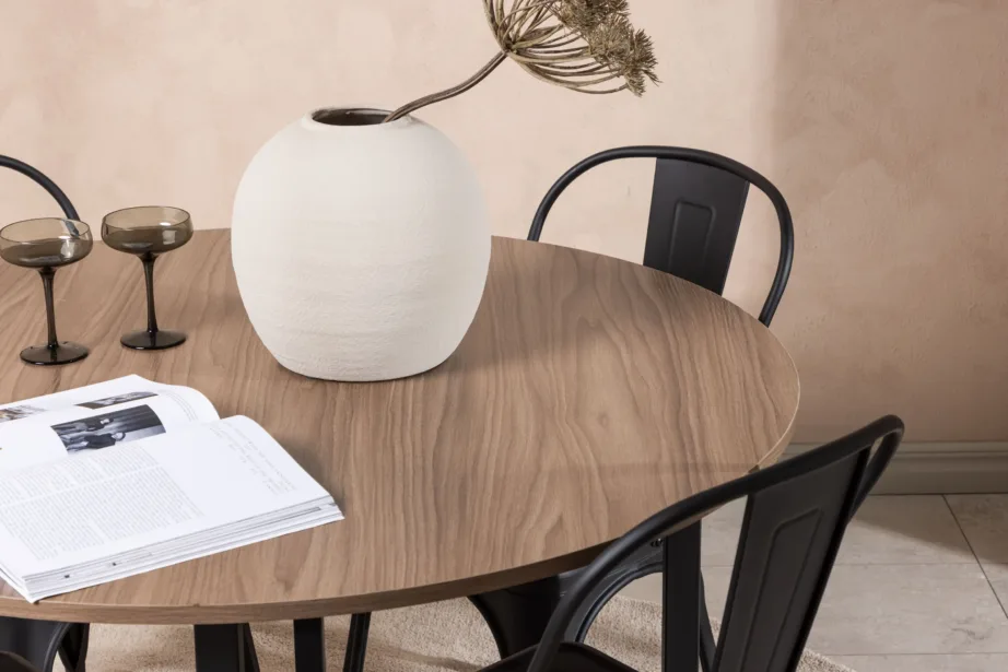 Ümmarguse söögilauakomplektiga Durango pähkel (MDF) ja mustast metallist Tempe toolid, GR23164 – 10