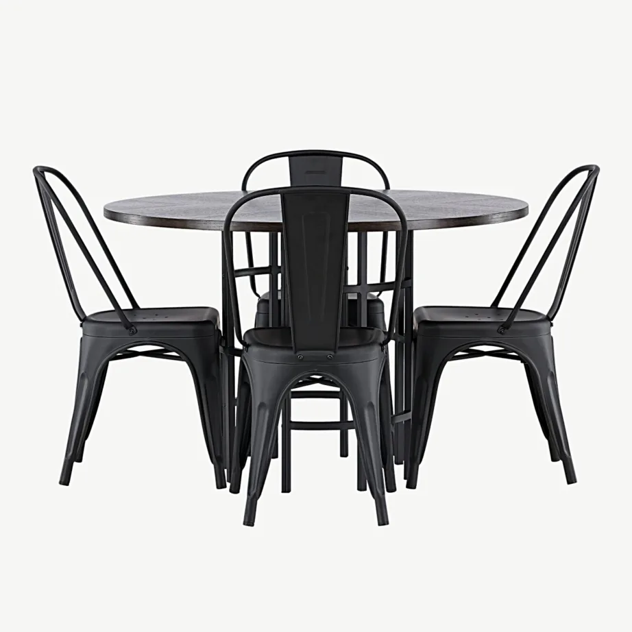 Copenhagen ümmargune söögilaud mokkavärvi MDF-ist (must metalljalg) ja mustad metallist Tempe toolid, GR23208 – 2