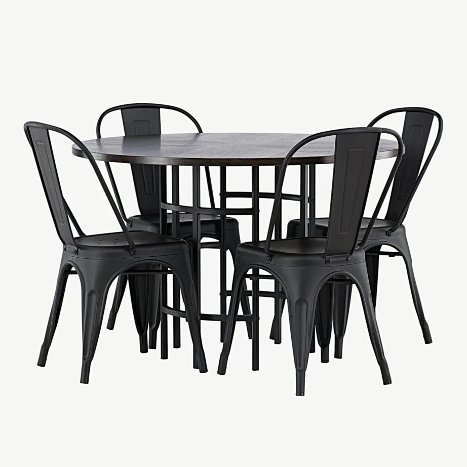 Copenhagen ümmargune söögilaud mokkavärvi MDF-ist (must metalljalg) ja mustad metallist Tempe toolid, GR23208 – 3