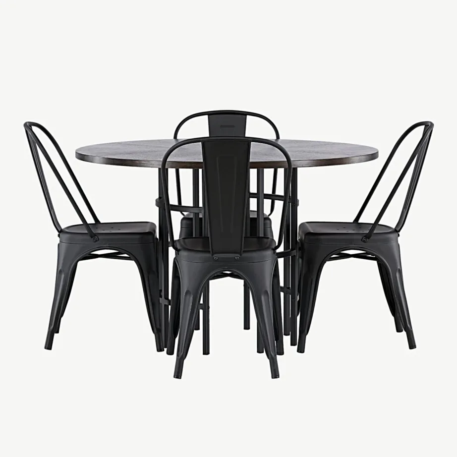 Copenhagen ümmargune söögilaud mokkavärvi MDF-ist (must metalljalg) ja mustad metallist Tempe toolid, GR23208 – 4