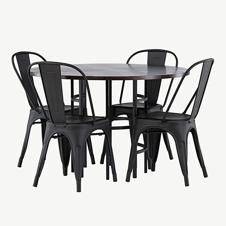 Copenhagen ümmargune söögilaud mokkavärvi MDF-ist (must metalljalg) ja mustad metallist Tempe toolid, GR23208 – 5