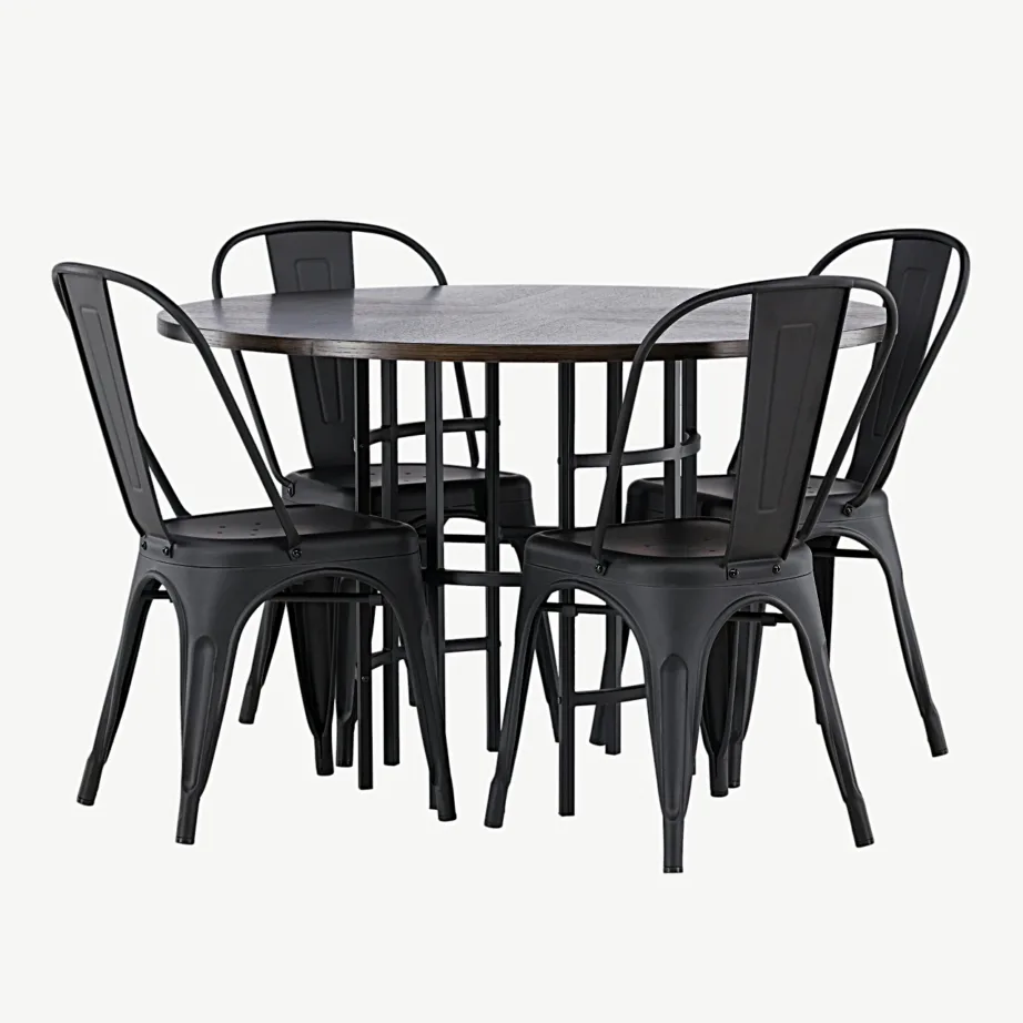 Copenhagen ümmargune söögilaud mokkavärvi MDF-ist (must metalljalg) ja mustad metallist Tempe toolid, GR23208 – 6