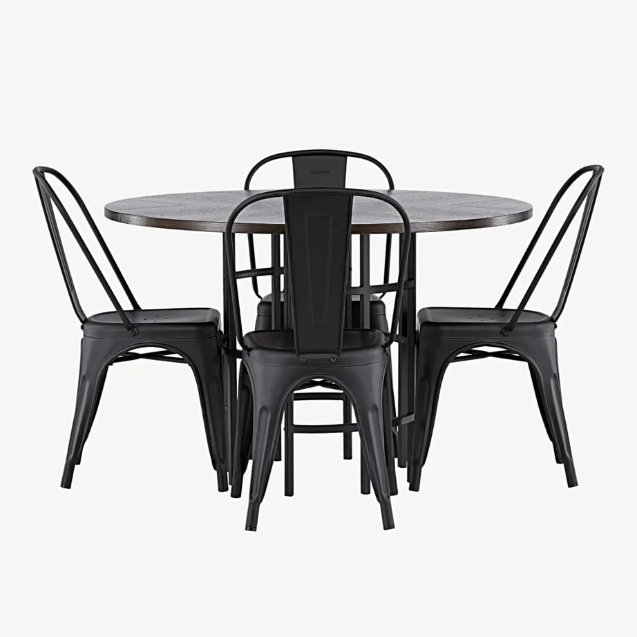 Copenhagen ümmargune söögilaud mokkavärvi MDF-ist (must metalljalg) ja mustad metallist Tempe toolid, GR23208 – 7