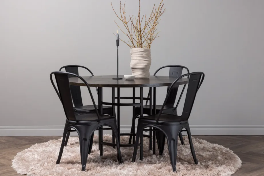 Copenhagen ümmargune söögilaud mokkavärvi MDF-ist (must metalljalg) ja mustad metallist Tempe toolid, GR23208 – 8