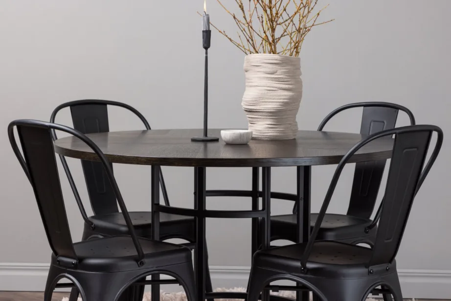 Copenhagen ümmargune söögilaud mokkavärvi MDF-ist (must metalljalg) ja mustad metallist Tempe toolid, GR23208 – 9