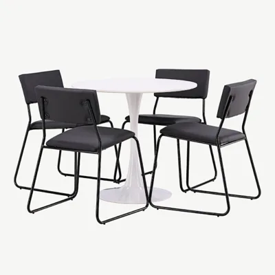 Hamdeni ümmargune söögilaud nelja musta Kenthi tooliga (valge MDF, Ø80 cm) - GR23438
