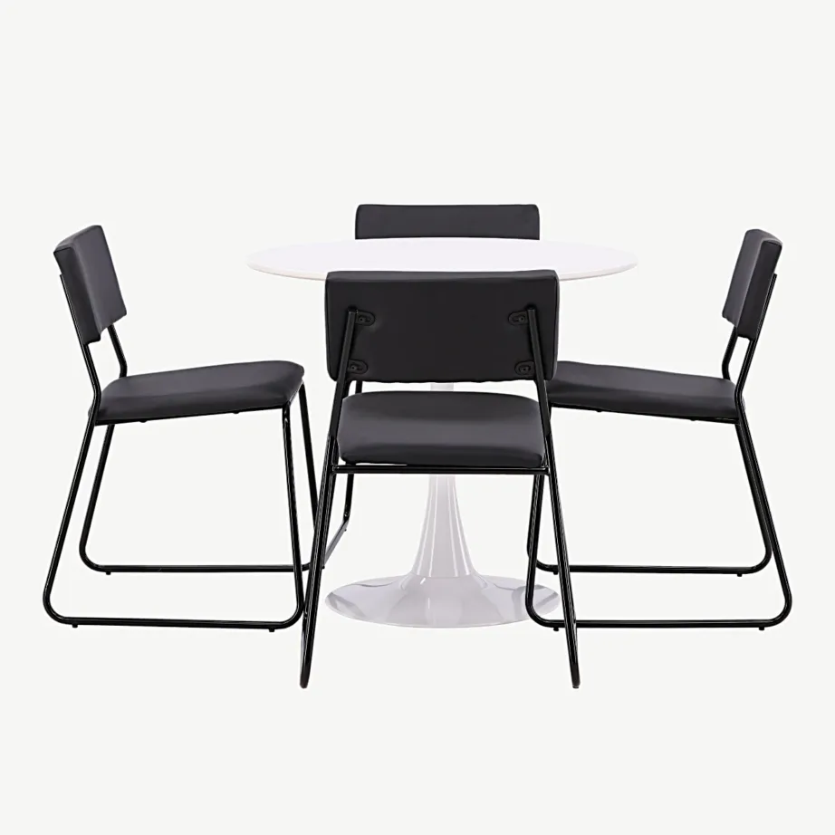 Hamdeni ümmargune söögilaud nelja musta Kenthi tooliga (valge MDF, Ø80 cm), GR23438 – 4