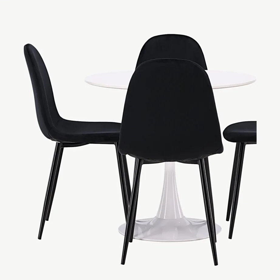 Hamden ümmargune valge söögilaud koos nelja musta sametist Polar tooliga, GR23439 – 2