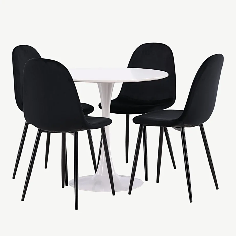 Hamden ümmargune valge söögilaud koos nelja musta sametist Polar tooliga, GR23439 – 3